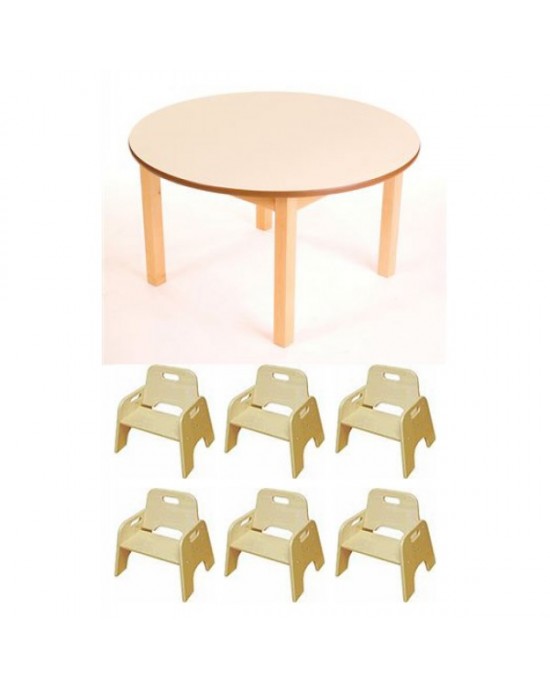 Birch Round Table  + 6 Wobbler Chairs
